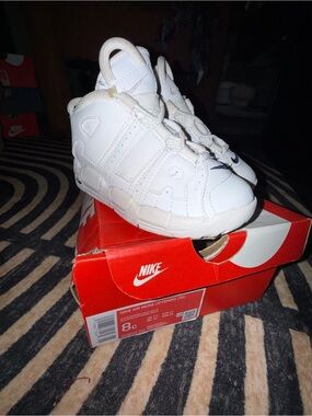 Nike Kids White Uptempo High-Top Sneakers with Subtle Navy Swoosh